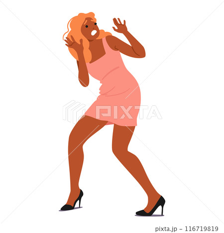 Frightened Woman In A Dress Showing A Scared, Defensive Stance Captures Feelings Of Fear, Shock, And Surprise 116719819