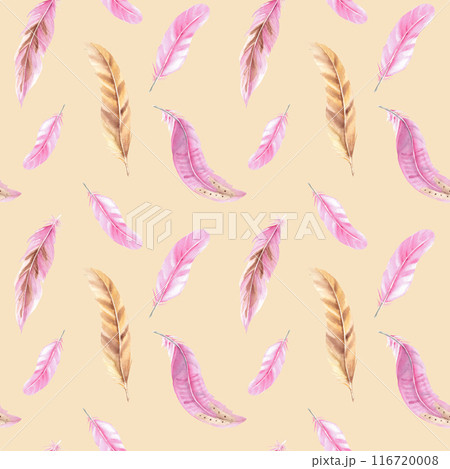 Pink and beige Feathers Watercolor seamless pattern on a beige background. Hand drawn illustration. Can be used for fabric, textile and packaging prints. 116720008