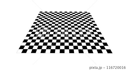 Empty chess board plane in perspective. Tilted mosaic floor. Angled checkerboard texture. Inclined board with black and white squares pattern isolated on white background. Vector flat illustration 116720016
