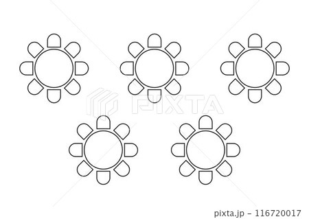Cafe or restaurant seats arrangement plan. Tables and chairs icons isolated on white background. Banquet or wedding party seatings scheme top view. Vector graphic illustration Cafe or restaurant seats arrangement plan. Tables and chairs icons isolated on white background. Banquet or wedding party seatings scheme top view. Vector graphic illustration 116720017