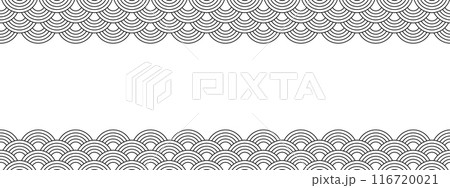 Top and bottom borders with japanese seigaiha pattern and empty space. Black and white scallops print. Fish squama or dragon scale. Simple geometric background. Vector graphic illustration 116720021
