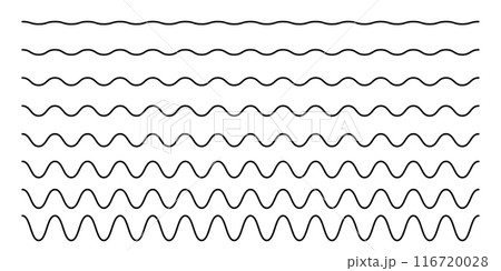 Set of curvy horizontal lines. Wavy borders. Sine or cosine curves. Water, fluid, air or wind symbols. River, sea, lake or ocean signs isolated on white background. Vector graphic illustration Set of curvy horizontal lines. Wavy borders. Sine or cosine curves. Water, fluid, air or wind symbols. River, sea, lake or ocean signs isolated on white background. Vector graphic illustration 116720028