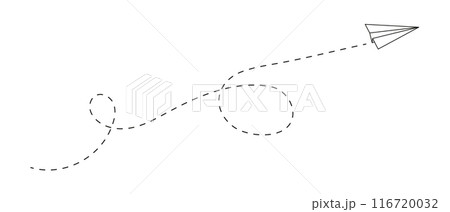Paper plane icon with dashed path line and loops. Travel, vacation or business trip concept. Onlite letter symbol. Delivery, destination, idea, creativity or freedom sign. Vector graphic illustration 116720032