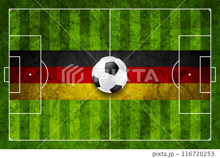 Soccer ball on football field with a German flag 116720253