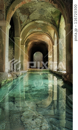 Ancient roman bathhouse with clear water and arched ceiling, reflective surface. Historical architecture and tranquility concept 116720300