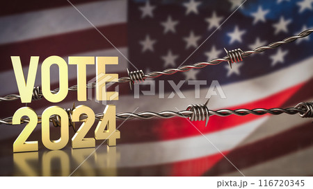 The gold text on flag for United States presidential election concept 3d rendering. The gold text on flag for United States presidential election concept 3d rendering. 116720345