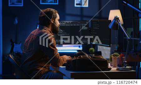 Freelancing software programmer arriving in personal office at home, resuming work on coding. Self employed IT specialist starting job shift in apartment, writing lines of code on computer, camera A Freelancing software programmer arriving in personal office at home, resuming work on coding. Self employed IT specialist starting job shift in apartment, writing lines of code on computer, camera A 116720474