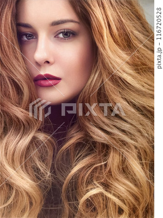 Beautiful modern woman with volume hairstyle, long luxurious hair and beauty makeup, glamorous look face portrait for luxury fashion and natural cosmetics idea Beautiful modern woman with volume hairstyle, long luxurious hair and beauty makeup, glamorous look face portrait for luxury fashion and natural cosmetics idea 116720528