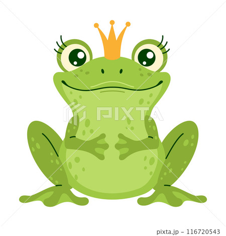 Frog wearing a crown, sitting with a happy expression trendy flat style.  116720543