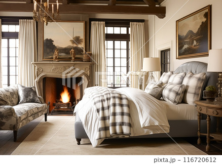 Bedroom decor, interior design and holiday rental, classic bed with elegant plush bedding and furniture, English country house and cottage style idea 116720612