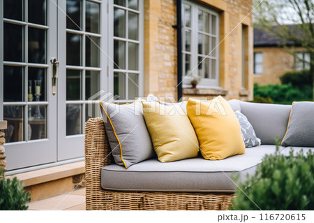 Cottage outdoor furniture and countryside house patio and terrace decor, garden lounge in country style, post-processed, generative ai 116720615