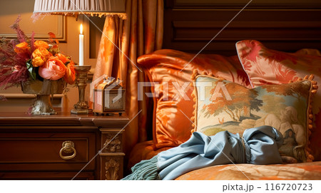 Bedroom decor, interior design and autumnal home decor, bed with silk satin bedding, bespoke furniture and autumn decoration, English country house, holiday rental and cottage style idea 116720723