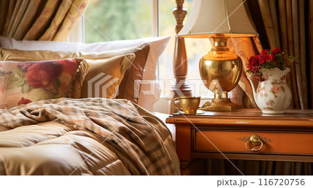 Bedroom decor, interior design and autumnal home decor, bed with silk satin bedding, bespoke furniture and autumn decoration, English country house, holiday rental and cottage style idea 116720756