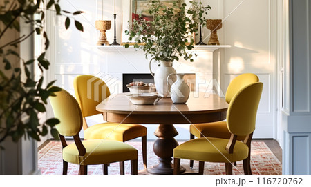 Modern cottage dining room decor, interior design and country house furniture, home decor, table and yellow chairs, English countryside style interiors Modern cottage dining room decor, interior design and country house furniture, home decor, table and yellow chairs, English countryside style interiors 116720762