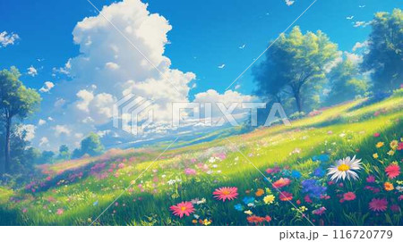 花の楽園への小道：夏の空と色とりどりの花々 116720779