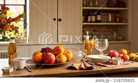 Autumnal kitchen decor, interior design and house decoration, classic English kitchen decorated for autumn season in a country house, elegant cottage style idea 116720825