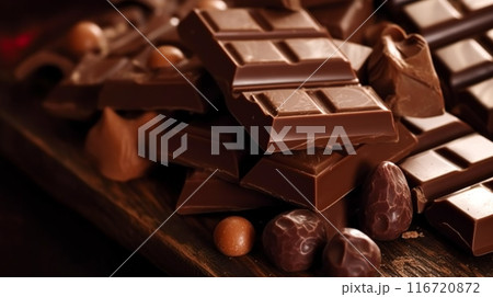 Chocolate, food and sweets, crushed fresh milk chocolates bars, post-processed, generative ai 116720872