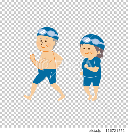 水着を着て歩くシニアカップルのイラスト 116721251