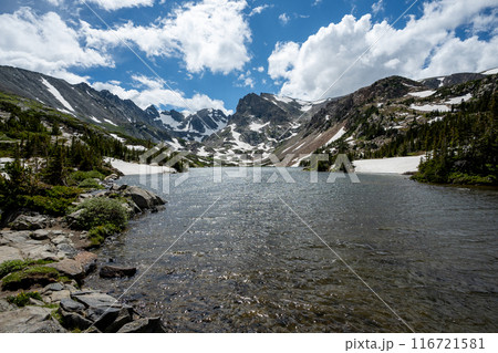 Lake Isabelle in Indian Peaks Wilderness, Colorado under sunny summer clouds. Lake Isabelle in Indian Peaks Wilderness, Colorado under sunny summer clouds. 116721581