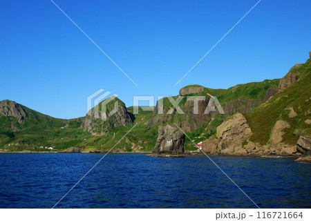 夏の北海道礼文島 海上から見た桃岩と猫岩 夏の北海道礼文島 海上から見た桃岩と猫岩 116721664