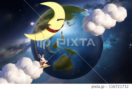 ウサギ　ブランコで遊ぶウサギ AI生成画像、笑顔の三日月のブランコに乗って遊ぶウサギさんのイラスト