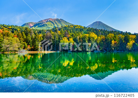 北海道 紅葉に染まるオンネトー　～湖面に映る雌阿寒岳と阿寒富士～ 116722405