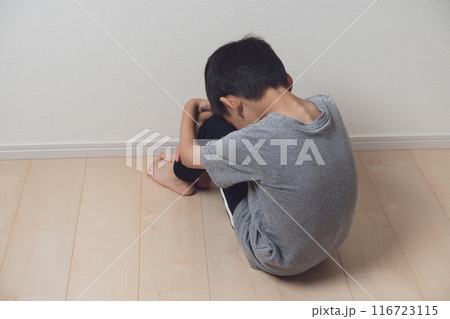膝を抱えて項垂れる男の子 116723115