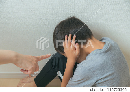 指をさされて耳をふさいでうつむく男の子 指をさされて耳をふさいでうつむく男の子 116723363