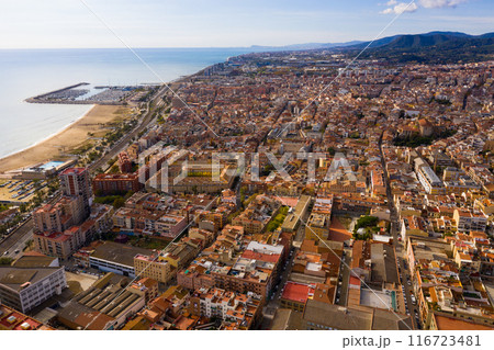 Aerial view of Mataro with buildings and coast line Aerial view of Mataro with buildings and coast line 116723481