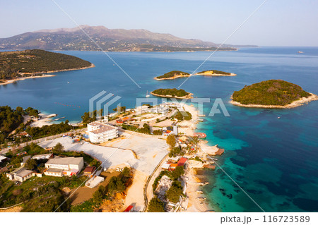 Drone view of Albanian resort of Ksamil on coast of Ionian sea 116723589