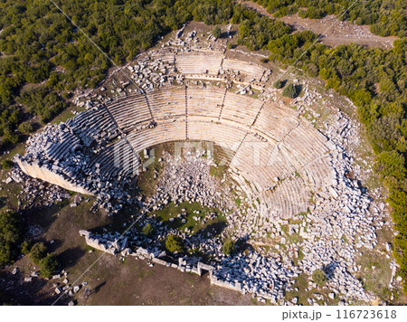 View from drone of ruined theater of ancient Kibyra, Turkey 116723618