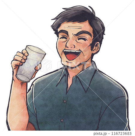 熱中症対策！冷たい水を飲むオジサンのレトロ劇画イラスト 116723683
