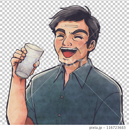 熱中症対策！冷たい水を飲むオジサンのレトロ劇画イラスト 116723683