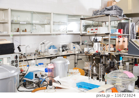 Biochemical laboratory interior with lab equipment 116723824