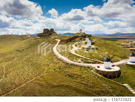 View of famous Route of Don Quixote in Consuegra with windmills 116723825