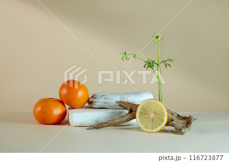 Citrus fruit extract products advertising pic, was shot from front. An empty podium pedestal displayed in the center, on both sides decorated with lemon, orange and plants Citrus fruit extract products advertising pic, was shot from front. An empty podium pedestal displayed in the center, on both sides decorated with lemon, orange and plants 116723877