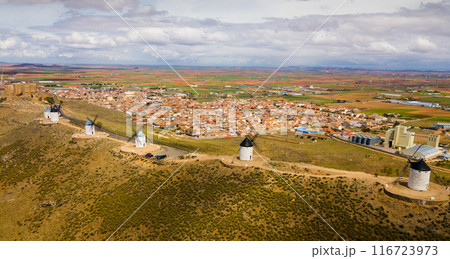 Aerial view of Wind mills at knolls at Consuegra, Toledo region 116723973