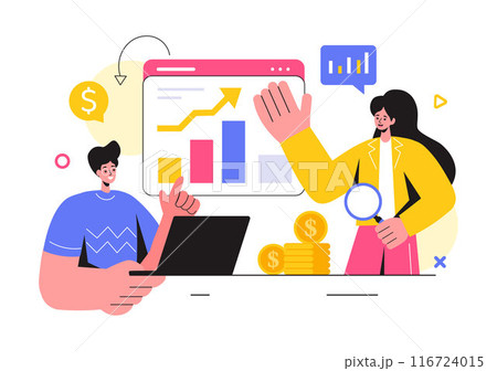 Market Research and Analysis Vector Illustration with Team Management and Analytics for Creating Data Statistics in a Flat Style Cartoon Background 116724015