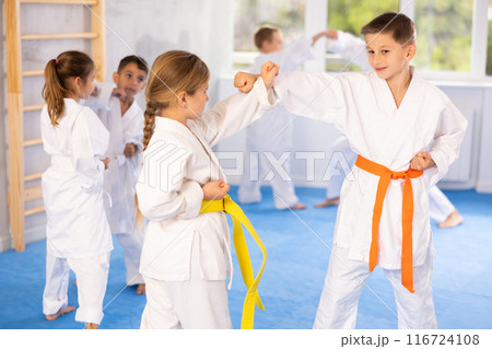 Young pupils train to perform defensive karate installations and attacking combat techniques Young pupils train to perform defensive karate installations and attacking combat techniques 116724108