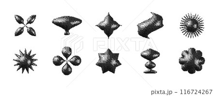 Pixelated 3d Y2K shape set. Bitmap stars, flowers, sparkles, waves element collection. Retro 8 bit sticker form bundle for poster, banner, collage, graphic design. Vector dither geometric object pack 116724267