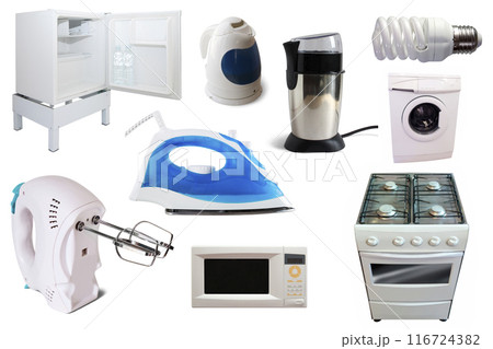 Assortment of household appliances isolated on white background 116724382