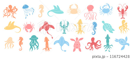 Cartoon aquatic animals set in colorful designs. Featuring marine life with octopus, jellyfish, seahorse, turtle, crab, shrimp, and sea flora. Undersea icons isolated. 116724428