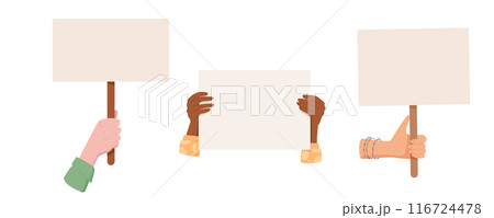 Woman hand raise blank strike sign set, human holds empowerment signboard, isolated hands show up support template placard, right activist parade demonstration flag, character holding protest banner, 116724478