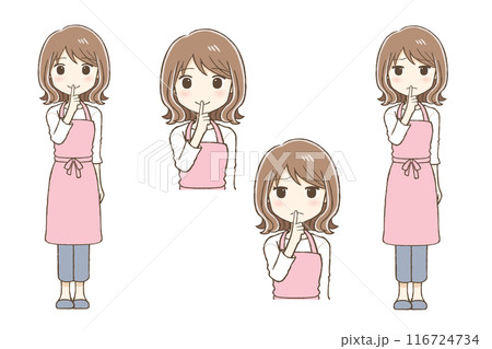 エプロンを着た女性がお静かにのポーズ(表情2種類) エプロンを着た女性がお静かにのポーズ(表情2種類) 116724734