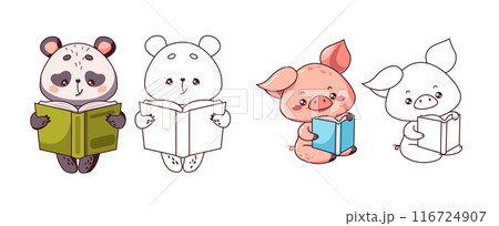 Kawaii cute animals students enjoying reading on white 116724907