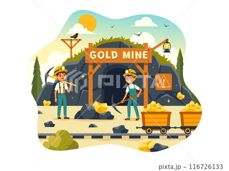 Gold Mine Vector Illustration with Mining Industry Activity Featuring Treasure, Piles of Coins, Jewelry, and Gems in a Flat Style Cartoon Background Gold Mine Vector Illustration with Mining Industry Activity Featuring Treasure, Piles of Coins, Jewelry, and Gems in a Flat Style Cartoon Background 116726133