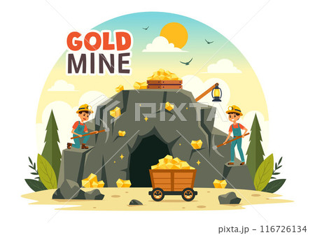 Gold Mine Vector Illustration with Mining Industry Activity Featuring Treasure, Piles of Coins, Jewelry, and Gems in a Flat Style Cartoon Background Gold Mine Vector Illustration with Mining Industry Activity Featuring Treasure, Piles of Coins, Jewelry, and Gems in a Flat Style Cartoon Background 116726134