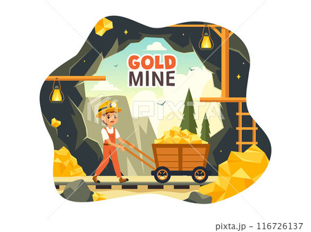 Gold Mine Vector Illustration with Mining Industry Activity Featuring Treasure, Piles of Coins, Jewelry, and Gems in a Flat Style Cartoon Background Gold Mine Vector Illustration with Mining Industry Activity Featuring Treasure, Piles of Coins, Jewelry, and Gems in a Flat Style Cartoon Background 116726137