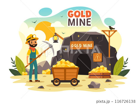 Gold Mine Vector Illustration with Mining Industry Activity Featuring Treasure, Piles of Coins, Jewelry, and Gems in a Flat Style Cartoon Background Gold Mine Vector Illustration with Mining Industry Activity Featuring Treasure, Piles of Coins, Jewelry, and Gems in a Flat Style Cartoon Background 116726138