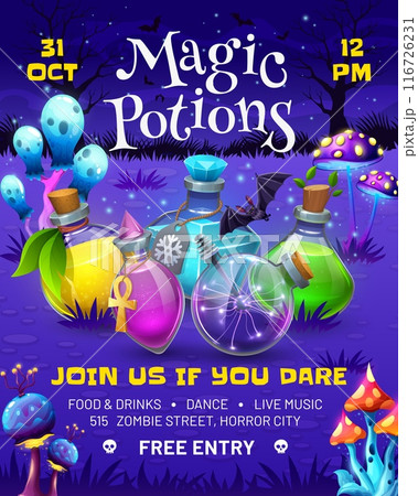 Halloween party flyer with witch magic potion bottles on midnight meadow, vector poster. Halloween holiday trick or treat invitation flyer with cartoon witch poison or spell elixir in glass bottles Halloween party flyer with witch magic potion bottles on midnight meadow, vector poster. Halloween holiday trick or treat invitation flyer with cartoon witch poison or spell elixir in glass bottles 116726231